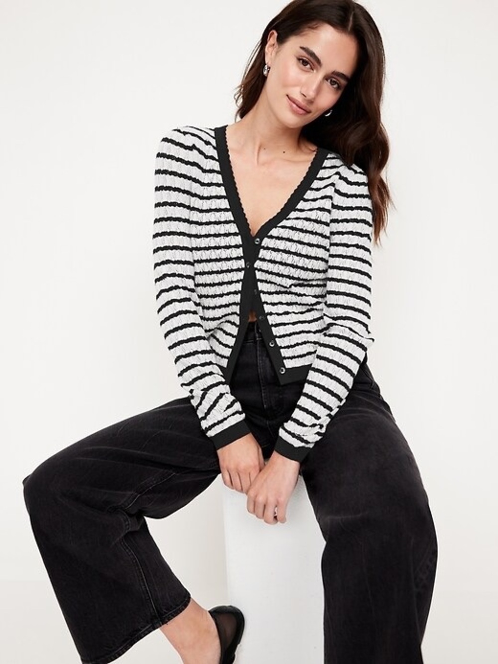 Old Navy SoSoft Lite Pointelle Black & White Striped V-Neck Button Cardigan